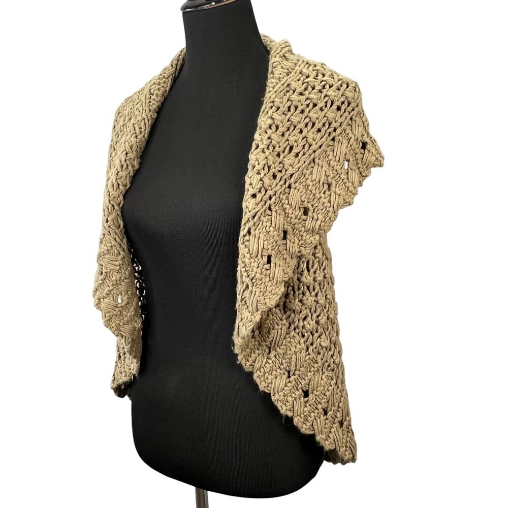 Chaudry KC Chunky Cable Knit Sweater Vest S Dark Khaki Tan Shawl Collar Open